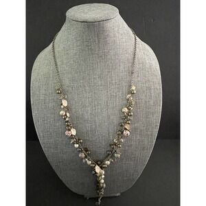 Vintage Womens Silver Tone Boho Charm Bead Dangle Adjustable Leaf Necklace